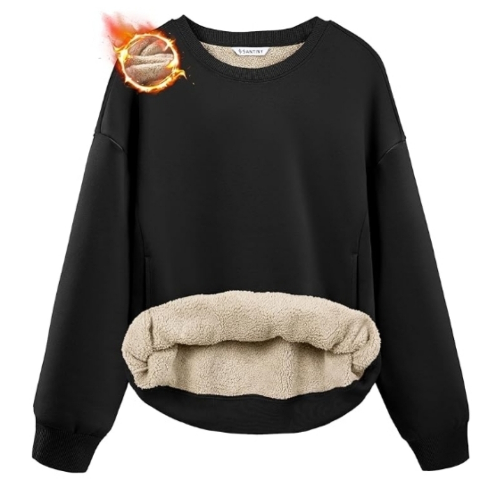 Fleece Sherpa Lined Warm Winter Pullover Crewneck Sweatshirt Black